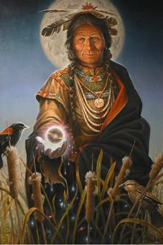 an oil painting of a native american man with feathers on his head and two birds in front of him