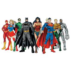 the dc characters are standing together in front of each other, all dressed up as superheros