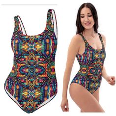 This Women's Cheeky One-Piece Swimsuit/Bathing Suit for all figures will bring out your best features. Enjoy the smooth fabric and the Unique & Colorful Abstract Tribal Design, and show it off by the beach or pool! Sizes XS-Plus Size available. * 82% Polyester, 18% Spandex * Fabric weight: 6.78 oz/yd² (230 g/m weight may vary by 5% * Chlorine-resistant fabric * Cheeky fit with a scoop neckline and a low scoop back * Zig-zag stitching * Double-layer front  * Four-way stretch material stretches an Stretch Multicolor Swimwear For Beach, Multicolor Stretch Swimwear For Vacation, Fitted Multicolor One-piece For Sunbathing, Stretch Multicolor Beachwear Swimwear, Vibrant Stretch Swimwear For Beach Season, Vibrant Stretch Swimwear For Sunbathing, Printed Swimwear For Beach Season Festivals, Printed One Piece Swimsuit For Beach Season, Printed Swimwear For Festival During Beach Season