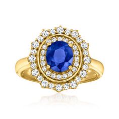 Ross-Simons - 1.80ct Sapphire, .51ct t. w. Diamond Ring Oval Cut in 18kt Yellow Gold. Size 7. This fabulous ring boasts a bright 1.80 carat oval sapphire illuminated by an impressive .51 ct. t. w. round brilliant-cut diamond double halo. Exuding ample sparkle and color, this ring will complement virtually every outfit you own! Crafted in 18kt yellow gold. 5/8" wide. Diamond and sapphire ring. Sapphire birthstones are the perfect gift for September birthdays. Diamond Ring Oval, Diamond And Sapphire Ring, Rings Opal, Sapphire Birthstone, Ring Sapphire, Sapphire And Diamond Ring, Engagement Rings Opal, Double Halo, Ring Oval