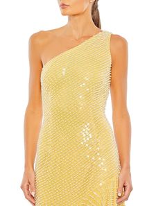 Mac Duggal Sheer Hand-embellished Mesh Overlay Fabric; 100% polyester lining Fully lined through body Asymmetrical one-shoulder neckline Sleeveless All-over pearl and sequin embellishments Asymmetrical hemline Concealed back zipper Approx. 56.5" from top of shoulder to bottom hem Available in Yellow and Seafoam (light blue) Style #93741 Yellow Sequin Dress, Black Tie Gowns, Mac Duggal Prom, Designer Formal Dresses, Gorgeous Prom Dresses, Maid Of Honour Dresses, Sequin Formal Dress, Prom Long, Asymmetrical Hem Dress