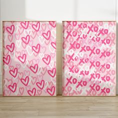 two pink and white framed pictures with hearts on them