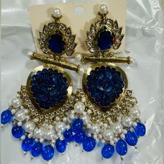 Indian Chandbalis/Jhumkas Royal Blue Color Brand New Never Used Blue Latkans Jhumkas For Celebration, Blue Jhumkas With Latkans For Celebration, Celebration Blue Jhumkas With Latkans, Blue Jhumkas For Festivals And Celebrations, Elegant Blue Jhumkas With Latkans, Blue Jhumkas For Diwali Celebration, Blue Danglers With Latkans For Celebration, Blue Tilla Jhumkas For Festivals, Blue Chandbali Jhumkas For Celebration