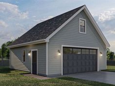 the garage has two windows and is attached to the side of the house with an open door