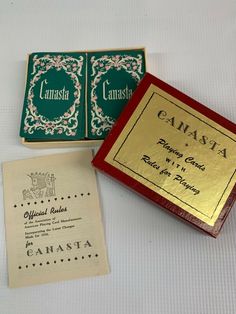 Vintage CANASTA Game by GUILD in original case with original rules. Will ship USPS Priority Mail. This is a very nice vintage CANASTA card game by Whitman Publishing Co and comes in it's original box. Overall in great condition but box does show some wear due to the age. On official rules it states, "Official Rules of the Association of American Playing Card Manufacturers. Incorporating the Latest Changes Made for 1950. My pictures are a big part of my description, so be sure to look at them carefully and ask any question that you might have before bidding. Thanks for looking. Be sure to check out my other listings for more great items. I will gladly combine auctions to save on shipping costs. All of my items are pre-owned unless otherwise specified. Not being an expert however I may miss Canasta Card Game, Poker Cards, Hobby Games, Playing Card, Vintage Pictures, Any Question, Card Game, Priority Mail, The Age