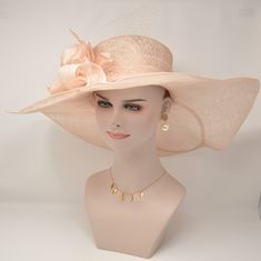 "Description: 100% Sinamay, light and comfortable *Wide brim measure Appr: 7-8\" brim *The crown is decorated with feather flower. Very beautiful!! *Head girth is 23\",adjustable string inside can give you the best fit. *Great for Kentucky Derby, Church, Wedding, Tea Party or other special event" Royal Ascot Fedora Straw Hat For Wedding, Wedding Fedora Straw Hat For Royal Ascot, Feathered Church Hats For Summer, Royal Ascot Wedding Fedora Straw Hat, Summer Church Hats With Feathers, Feathered Summer Church Hats, Elegant Fedora Straw Hat For Weddings, Wedding Hats With Feathers And Short Brim, Beige Feathered Hat For Kentucky Derby