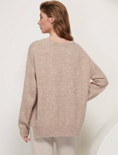 O Neck Batwing Long Sleeve Loose Soft Wool Knitted Pullover Sweater Beige Soft Knit V-neck Sweater For Fall, Beige Knit V-neck Sweater For Fall, Beige V-neck Sweater For Fall Layering, Oversized Neutral V-neck Sweater, Beige Knit V-neck Sweater, Neutral Knit Long Sleeve Tops, Beige V-neck Sweater With Ribbed Cuffs, Beige Crew Neck Knitted Sweater, Beige Knitted Crew Neck Sweater