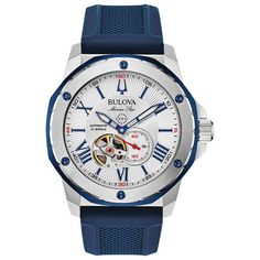 This men's Bulova Marine Star watch has a round silver-tone skeleton dial with a three-hand movement showcased in an open aperture in a 45.0mm stainless steel case. The 21-jewel automatic self-winding movement provides years of reliable service with eco-friendly operation and accurate time keeping.The blue rubber strap secures with a buckle clasp. It is water resistant to 200 meters and comes with a three-year limited warranty. We are an authorized Bulova dealer. Bulova Mens Watches, Star Watch, Bulova Watches, Skeleton Watches, Automatic Watches For Men, Blue Watches, Skagen, G Shock, Tag Heuer