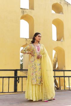 Yellow Nina Palazzo Set Product Details : Fabric:  Lawn Cotton Product type: Gown One Piece  Design:  One piece Side Slits Floral Printed Embroidered Kurta | Foil & Gotta Patti Details | Chiffon Dupatta Skirt is attached to the kurta Semi-stitched Yellow Palazzo Set With Floral Embroidery, Spring Floor-length Palazzo Set With Resham Embroidery, Yellow Georgette Palazzo Set With Long Sleeves, Yellow Georgette Long Sleeve Palazzo Set, Floor-length Floral Embroidered Palazzo Set For Diwali, Elegant Yellow Sharara With Floral Embroidery, Designer Wear Summer Palazzo Set With Resham Embroidery, Spring Designer Wear Floor-length Palazzo Set, Designer Floor-length Palazzo Set For Spring