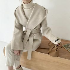 Ewah Faux Wool Belted Hoodie Half Coats Woolen Coat Woman, Wool Jackets Women, Wool Coat Women, Long Sleeves Coats, Wool Blend Coat, Woolen Coat, Hooded Coat, Wool Jacket, Elegant Woman