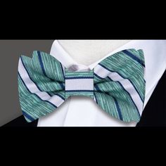 Green Classic Blue Tie With Butterfly Knot, Blue Bow Tie Back For Business, Classic Summer Bow Tie With Decorative Bow, Elegant Striped Suit And Tie Accessories For Black Tie, Elegant Green Bow Tie And Suit Accessories, Elegant Green Suit And Tie Accessories With Bow, Elegant Green Tie With Satin Bow, Blue Bow Ties For Business, Blue Bow Tie For Business