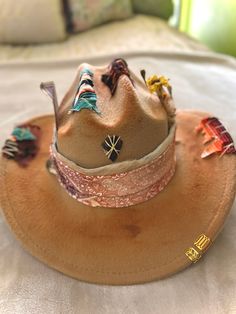 Handdecorated and Painted Western Hat Cowhide Arrowhead Piscean 13 Wearable Art - Etsy Handmade Brown Hat For Festival, Artisan Handmade Hats For Festivals, Handmade Artisan Hats For Festival, Handmade Artisan Hat For Festivals, Artisan Handmade Hat For Festival, Unique Handmade Hat Bands For Beach, Unique Adjustable Hat Bands For Rodeo, Unique Adjustable Hat For Festivals, Brown Hat Bands For Western-themed Events