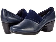 Clarks Emily Step - Women's Shoes : Navy Leather : Upgrade your Sunday's best when you're dressed in the Clarks Emily step slip on heel. This classy shoe is a mix between a heel and a bootie. Adorned with a velvet patch at the leather upper. Keeping your comfort needs in mind, this work-ready silhouette features an OrthoLite footbed that wicks away moisture and keeps your feet fresh and dry all day long. The slip-on design is crafted with a leather upper, breathable textile lining and insole, an Pointed Toe Boots With Leather Sole In Synthetic Material, Synthetic Boots With Leather Sole And Pointed Toe, Casual Fitted Boots With Rubber Heel Cap, Slip-on Work Boots With Removable Insole, Formal Knee-high Synthetic Boots, Slip-on Workwear Boots With Cushioned Footbed, Classic Synthetic Boots With Reinforced Heel, Almond Toe Workwear Boots With Rubber Heel Cap, Work Boots With Rubber Heel Cap And Pointed Toe