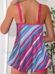 Eromis - Womens Stretchy Sleeveless Beachwear with Stripes, Hollow Out Straps and Backless Top, paired with Shorts - 2 Piece Set, Swimwear and Clothing Summer Camisole Tankini With Built-in Bra, Multicolor Tankini With Built-in Bra For Beach, Summer Beach Tank Top With Adjustable Straps, Summer Tank Top With Adjustable Straps For Beach, Beach Vacation Tank Top With Adjustable Straps, Vacation Beach Tank Top With Adjustable Straps, Beach Season Vacation Tank Top With Adjustable Straps, Multicolor Beach Tankini With Built-in Bra, Pink Sleeveless Swimwear For Beach Season