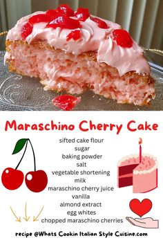 an advertisement for a cake with cherry toppings on it and the words, maschino cherry cake