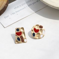 Fashion Earrings-Colorful Enamel Geometric Round Square Hammer Matte Gold Clip On Earrings for Women Girl Vintage Non Pierced Ear Clips JewelryModel Number:4001298123090 Trendy Gold Enamel Earrings, Retro Multicolor Metal Earrings, Red Enamel Trendy Earrings, Trendy Red Enamel Earrings, Multicolor Enamel Earrings, Trendy Multicolor Enamel Earrings, Fake Earrings, Pierced Ear, Ear Clips