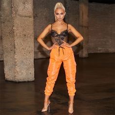 Shemoda zura high waist casual harem jogger pants Orange Joggers Outfit Women, Orange Joggers Outfit, Patchwork Cargo Pants, Joggers Outfit Women, Orange Joggers, Streetwear Trousers, Club Streetwear, Drawstring Cargo Pants, Joggers Outfit