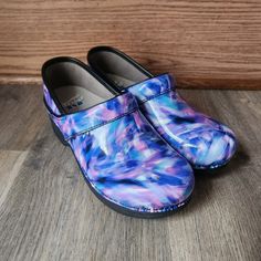 Brand New! Blue Clogs With Arch Support And Round Toe, Blue Round Toe Clogs With Arch Support, Purple Non-slip Clogs With Round Toe, Purple Non-slip Synthetic Clogs, Karen Black, Mary Jane Clogs, Swedish Clogs, Blue Crush, Black Wedge