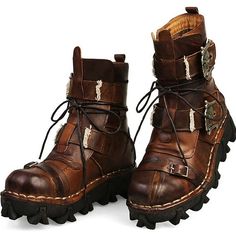 Men's Women Boots Biker boots Motorcycle Boots Work Boots Handmade Shoes Hiking Walking Vintage Casual Outdoor Daily Leather Cowhide Warm Height Increasing Comfortable Booties / Ankle Boots Lace-up 2023 - CAD $187.99 Gothic Leather Lace-up Boots For Winter, Leather Lace-up Boots For Cosplay, Leather Martin Boots With Metal Feet, Medieval Style Round Toe Boots For Fall, Fall Cosplay Leather Platform Boots, Gothic Faux Leather Combat Boots With Round Toe, Gothic Combat Boots With Round Toe In Faux Leather, Winter Steampunk Moto Boots With Round Toe, Steampunk Winter Moto Boots With Round Toe