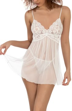 Free shipping and returns on In Bloom by Jonquil Babydoll Chemise & Thong at Nordstrom.com. Romantic and ethereal, this light and airy lingerie set features a lace-cup chemise crafted from playfully sheer mesh paired with a matching thong. Feminine Plus Size, In Bloom By Jonquil, Wedding Night Lingerie, Bride Lingerie, Elegant Lingerie, Lingerie Outfit, Lingerie Babydoll, Honeymoon Outfits, Cute Lingerie