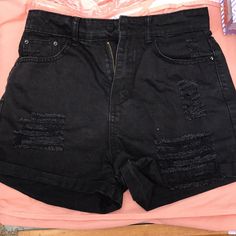 Never Worn, Black Waisted Jean Shorts Black Cutoff Bottoms For Fall, Fall Black Cutoff Bottoms, Chic Black Cotton Jean Shorts, Black Cutoff Jean Shorts For Fall, Black High Waist Jean Shorts For Fall, Black Cutoff Shorts For Fall, High Waisted Cotton Jean Shorts For Night Out, High Rise Black Shorts For Fall, Trendy Cotton Jean Shorts For Night Out