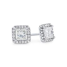 Crafted with extra sparkle, these stud earrings feature halos of round brilliant cut diamonds that surround the center princess cut diamonds. Sold as a pair. Princess Cut Stud Earrings, Princess Cut Halo, Diamonds Direct, Halo Stud Earrings, Halo Earrings Studs, Princess Diamond, Pink Princess, Princess Cut Diamonds, Diamond Halo