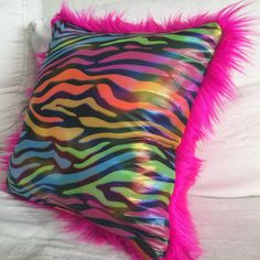 Fun Throw Pillow Cover With Insert Included. Fabulous, Soft Fur And Gorgeous, Iridescent Spandex Fabric. Pillow Insert Is Cotton Covered, Nylon Stuffing. No Zip, Can Wash Gentle Cycle And Flat Dry. Measures 14"X14". Handmade In Los Angeles By Groovy Blankets. Lisa Frank Birthday Party, Red Bucket Hat, Y2k Room, Fun Throw Pillows, Fur Animal, Scene Outfits, Room Redesign, Room Stuff, Pinterest Ideas