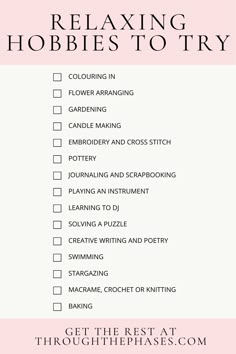 Try this relaxing hobbies list to wind down in your spare time and reduce stress. Includes mind relaxing hobbies, hobbies for introverts and craft hobbies! relaxing hobbies for women, hobbies for relaxing, list of hobbies to try, aesthetic hobbies, self care ideas Relaxing Activities For Women, Indoor Hobbies Ideas, Fun Hobby Ideas, Hobbies To Try Aesthetic, Cool Hobbies For Women, List Of Hobbies To Try For Women