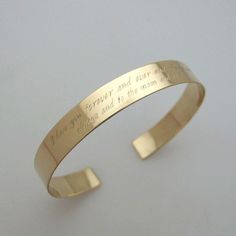 "Personalized gold bracelet with customized text up to 16-18 words on each side! Customized Christmas Gift for her! Beautiful, custom bracelet with a memorable message. Choose wonderful personalized cuff bracelets for her to make engravement gifts to any occasion! Personalized Christmas Gift for her! Even Cupid himself couldn't have created a more beautiful way to tell her how much you love and care. With an elegant, cute design and your words engraved, she'll be charmed by the gorgeous message bracelet. The fine gold filled bracelet can be two lines engraved - both inside and outside. Thus you may send her a secret message. This can be a quote, phrase, words, dates etc. Great gift for a special anniversary, birthday or just because you want to tell her one more time how you feel. Features Personalized Silver Bracelets, Personalized Gold Bracelet, Personalized Cuff Bracelets, Engraved Bangle Bracelet, Long Text, Quote Bracelet, Custom Engraved Bracelet, Bracelet Message, Bangle Bracelet Gold