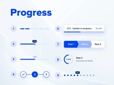 a set of progress buttons and numbers on a white background with blue lines in the middle