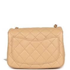 This Mini Pearl Crush square flap bag is in beige lambskin leather with aged gold tone hardware, front flap with signature CC turnlock closure, tonal stitching, rear half moon pocket, and an adjustable interwoven aged gold chainlink and beige leather strap with the "pearl" ball attachment.The interior is lined in beige leather and features a zipper pocket with Chanel pull and an open pocket below.Collection: 22C (RFID)Origin: ItalyCondition: New and never worn (plastic on hardware)Accompanied by: Chanel box, Chanel dustbag, retail UPC, RFIDMeasurements: 6.5" width x 5" height x 3" depth; 20" strap drop Luxury Beige Double Flap Bag, Luxury Beige Shoulder Bag With Turn-lock Closure, Designer Beige Flap Bag With Gold-tone Hardware, Classic Beige Shoulder Bag With Double Flap, Classic Beige Double Flap Shoulder Bag, Classic Beige Double Flap Bags, Luxury Beige Flap Bag With Cc Turnlock Closure, Luxury Beige Double Flap Shoulder Bag, Luxury Beige Flap Bag