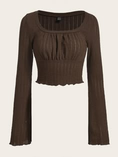 Coffee Brown Casual Collar Long Sleeve Knitted Fabric Plain  Embellished Slight Stretch  Women Plus Clothing Dr Wardrobe, Really Cute Outfits, Mode Inspiration