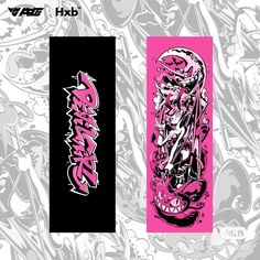 an image of a skateboard with graffiti on the front and back cover, in pink