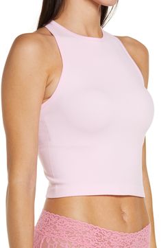 Lounge or layer in this oh so versatile ribbed crop top that looks (and feels) great wherever you go. 17" length (size Medium/Large) Crewneck Sleeveless Racerback 92% nylon, 8% spandex Machine wash, dry flat Imported Lingerie Pink Elastane Crop Top, High Stretch Sleeveless Sports Bra For Spring, Sleeveless Elastane Sports Bra For Summer, Spring Crop Top With Built-in Bra And Elastane, Spring Seamless Tank Sports Bra, Seamless Tank Sports Bra For Spring, Versatile Cropped Sports Bra For Summer, Sleeveless Elastane Crop Top With Seamless Construction, Versatile Sleeveless Elastane Crop Top