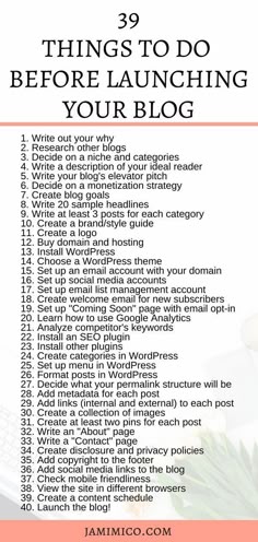 a list with the words 39 things to do before launching your blog in pink and white