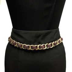 For Sale on 1stDibs - Vintage Chanel belt in golden chain interlaced with purple braided leather. Chanel brand engraved on the hook clasp. In good condition. The gilding is Elegant Gold Leather Chain Belt, Vintage Chain Belt With Chain Strap For Formal Events, Vintage Chain Belt With Strap For Formal Occasions, Vintage Chain Belt For Formal Occasions, Purple Braids, Chanel Brand, Golden Chain, Vintage Belt, Handbag Leather