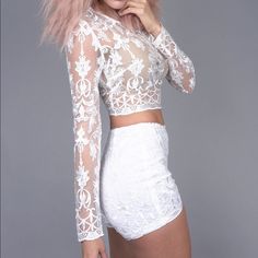 New Set Summer Lace Top With Long Sleeves For Night Out, Long Sleeve Lace Top For Summer Nights Out, Long Sleeve Lace Top For Night Out In Summer, White Long Sleeve Crop Top For Party, Long Sleeve Lace Crop Top For Party, Long Sleeve Lace Top For Summer Party, White Lace Top For Spring Party, Summer Party Lace Top With Long Sleeves, Elegant Long Sleeve Lace Crop Top