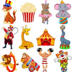 cartoon circus characters and their attributes on a white background