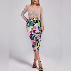 A Spandex Bodycon Mid Length Skirt Made Of A Colorful Abstract Graffiti Print Fabric, Perfect For Spring And Summer. Can Also Be Paired With Leggings For A Winter Look. Available Sizes: S(4), M(6), L(8/10), Xl(12), Xxl(14) #Graffitiprint #Bodycon #Skirt #Spandex #Midiskirt #Luxury #Fashion Stretch Midi Skirt For Party, Party Bodycon Lined Skirt, Spring Party Lined Pencil Skirt, Party Stretch Midi Skirt Bottoms, Party Stretch Midi Skirt, Fitted Midi Pencil Skirt For Party, Summer Party Stretch Pencil Skirt, Spring Bodycon Lined Skirt, Bodycon Mini Pencil Skirt For Party