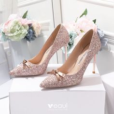 Sparkly Champagne Wedding Shoes 2020 Bow Sequins 10 cm Stiletto Heels Pointed Toe Wedding Pumps Champagne Wedding Shoes, Champagne Heels, Glamourous Heels, Fancy Heels, Pretty Heels, Wedding Pumps, Fairy Shoes, Expensive Shoes, Fashion Shoes Heels