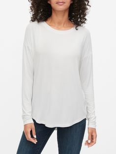 Luxe Tunic T-Shirt | Gap Factory Comfortable Stretch T-shirt For Spring, White Stretch Casual Tops, White Tops With Relaxed Fit And Shirttail Hem, White Relaxed Fit Top With Shirttail Hem, White Relaxed Fit Tops With Shirttail Hem, Everyday Stretch Crew Neck Knit Top, White Relaxed Fit Long Sleeve Top For Layering, Casual Long Sleeve Top With Shirttail Hem, Versatile White Long Sleeve Knit Top