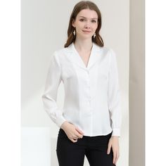 Complete your chic style with this satin button-up shirt. This satin button-up shirt features button cuffs and a notch collar perfectly. Pair it with jeans and work pants for your casual chic look. To create an elegant image with a classic design. Look smart and classic in this shirt finished with solid color fabric. With shiny and smooth fabric, this satin shirt makes you look elegant and romantic. Satin Button Down Shirt, Satin Button Up, Business Casual Shirts, Satin Shirt, Notch Collar, Color Fabric, Work Office, Work Pants, Chic Look