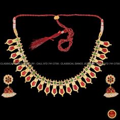 Design by Classical Dance Jewelry® -- Colorful And Designer Beautiful Necklace Set For Women.You Can Wear this Necklace Set In Parties, Engagement, Weddings, Birthdays And Many Occasion As You Like. -- Handmade Indian Item. Every Necklace Studded Beautifully in Enamel And Gold Finish. -- Especially For Bharatnatyam And Kuchipudi Dance Performances. ❇️ Imitation Jewelry by nature is little soft compared to real jewelry so little shape variations and dents could happen during shipping even after taking complete care in packing ❇️ Imitation Jewelry items by nature will show slight discolorations around soldering or embossed designs areas and black spots. ❇️ Imitation Jewelry piece is arranged with special thread to have maximum flexibility. ❇️ These are very delicate in nature and it is expec 22k Gold Temple Necklace With Zari Work, 22k Gold Meenakari Temple Necklace For Puja, Yellow Gold Temple Necklace With Zari Work, 22k Gold Temple Necklace For Navratri Celebration, 22k Gold Kundan Necklace For Navratri Puja, Bollywood Style Yellow Gold Temple Necklace With Zari Work, Red 22k Gold Temple Necklace For Celebration, 22k Gold Temple Necklace With Latkans For Puja, Bollywood Style 22k Gold Temple Necklace With Pallu