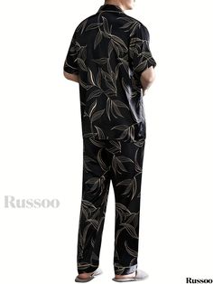 Russoo - Contemporary Mens Leaf Motif Ice Silk Loungewear Set: Short-Sleeve Button-Up Shirt with Matching Pants – Lightweight Summer Pajamas Ensemble for a Cool Comfort, 2-Piece Casual Homewear Collection Casual Printed Patterned Sleepwear, Printed Short Sleeve Sleep Set, Men’s Pyjamas, Silk Loungewear, Men's Sleepwear & Loungewear, Leaf Print Pattern, Elegant Floral Print V-neck Sleepwear, Summer Pajamas, Short Sleeve Button Up