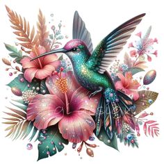 a painting of a hummingbird with flowers and leaves