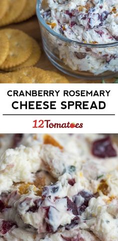 cranberry rosemary cheese spread in a glass bowl with crackers on the side