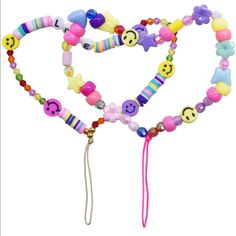 two bracelets with smiley faces and beads on each strand, one has a lanyard