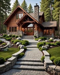 Log Cabin With Stone Exterior, Cottage Cabin Exterior, Stone Houses Rustic, Cabin House Exterior, A Line House, Munduk Bali, Mountain Style Homes, Chalet Style Homes, Property Business