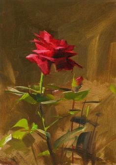 an image of a red flower with green leaves in the foreground and text that reads, artist - quanng huang chinese born american painter