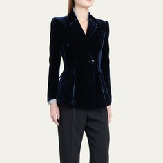 Giorgio Armani blazer jacket in an allover velvet finish  Notched lapel collar  Single button closure  Long sleeves Side flap pockets  Mid-length  Tailored silhouette  Viscose/silk Dry clean Made in Italy Elegant Velvet Outerwear For Work, Elegant Velvet Blazer For Fall, Luxury Velvet Suits For Workwear, Elegant Velvet Formal Outerwear, Velvet Outerwear With Lapel Collar For Work, Elegant Velvet Evening Outerwear, Formal Velvet Outerwear With Suit Collar, Business Velvet Outerwear With Lapel Collar, Luxury Velvet Suit For Work